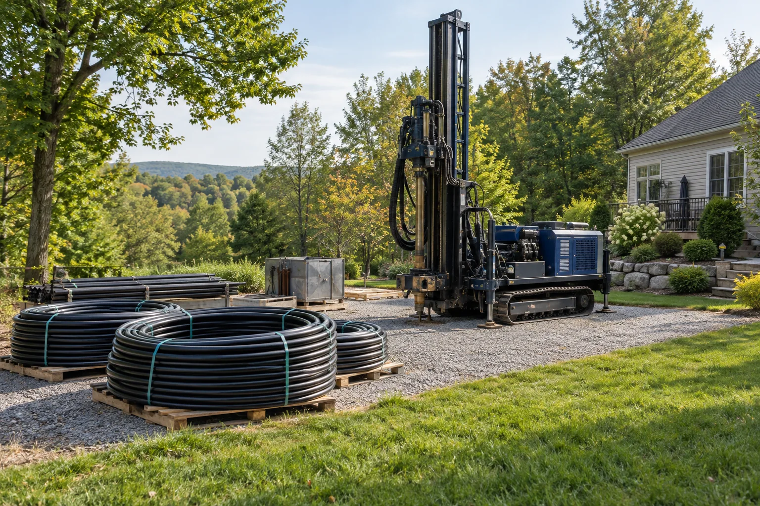 Illustrative geothermal drilling site with a parked rig and coils of ground-loop piping beside a home.