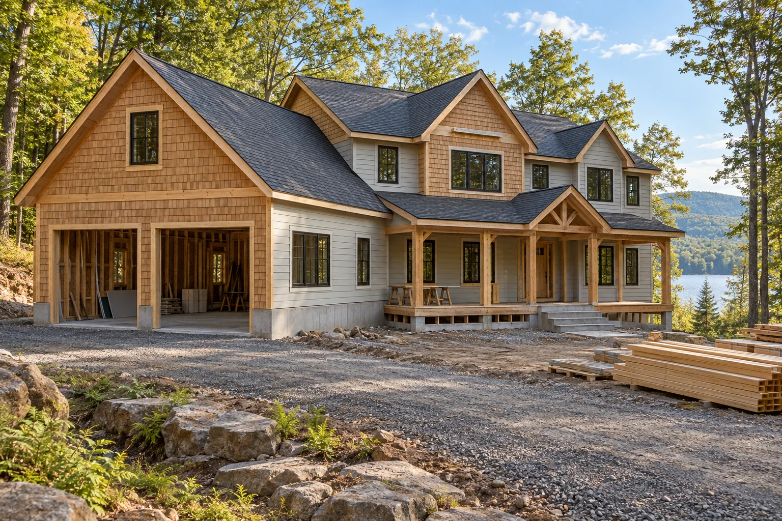 Illustrative custom home under construction with cedar siding, an open garage and a timber porch.